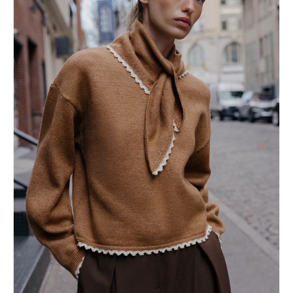 Zara Bandana Lace Knit Jumper / Sweater Camel NWT